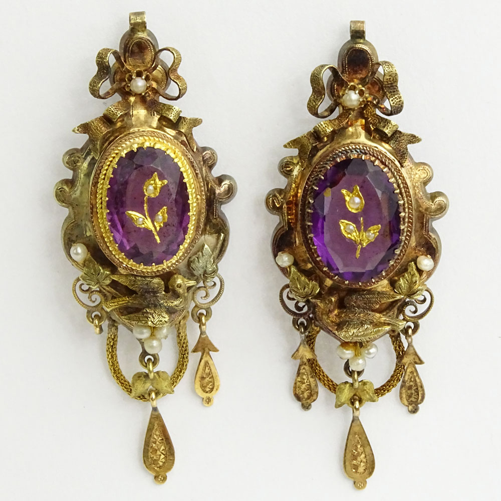 Pair of Antique Lady's Amethyst, Seed Pearl and Gold Filled Brooches. 