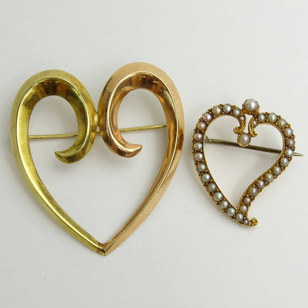 Two (2) Vintage 14 Karat Yellow Gold Heart Brooches.