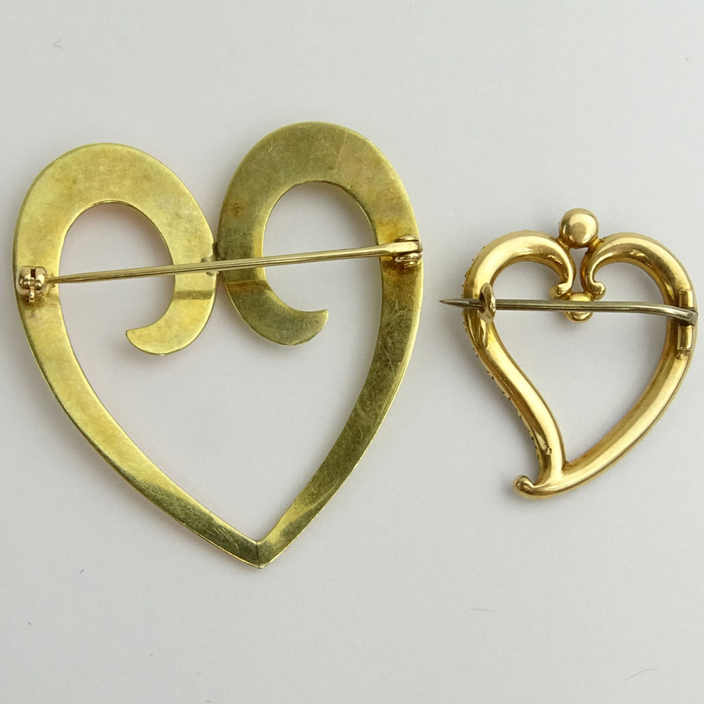 Two (2) Vintage 14 Karat Yellow Gold Heart Brooches.