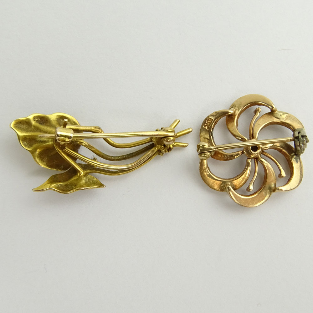 Two (2) Small 10 Karat Yellow Gold Flower Brooches.