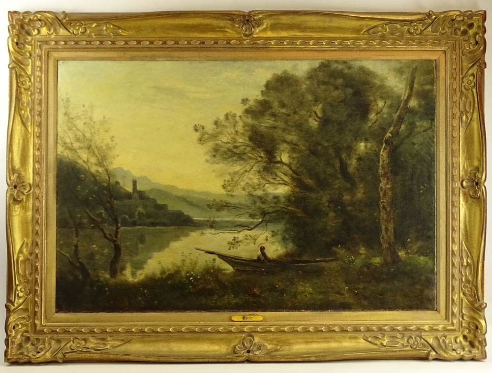 after: Jean-Baptiste-Camille Corot, French (1796-1875) Oil on canvas "Landscape with Small Boat on a River" 