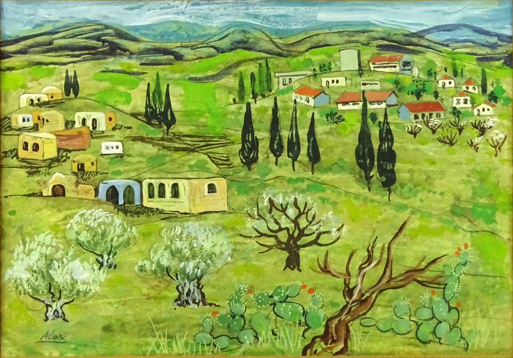 Mid-Century Gouache on paper "Landscape With Cottages" 