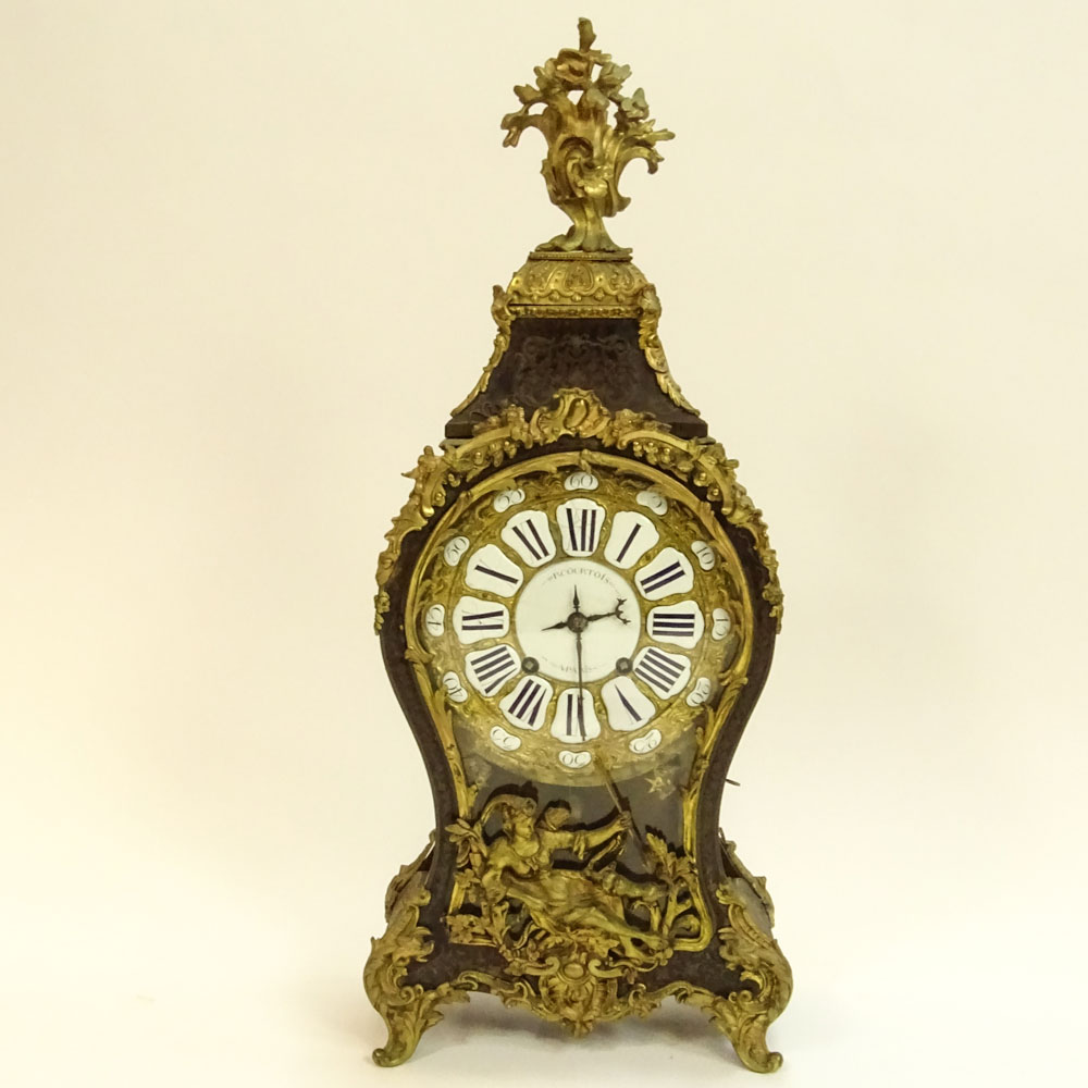 French 18th Century Bracket Clock. Figural bronze mounted, inlaid, porcelain dial, silk suspension. 