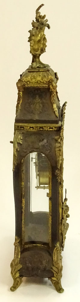 French 18th Century Bracket Clock. Figural bronze mounted, inlaid, porcelain dial, silk suspension. 