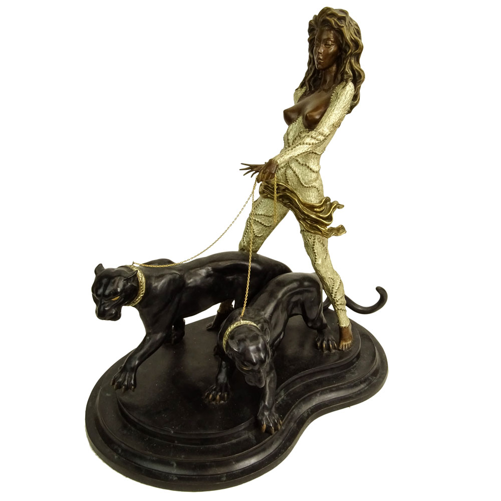 Contemporary Bronze Sculpture on Marble Base "Woman With Two Panthers" 