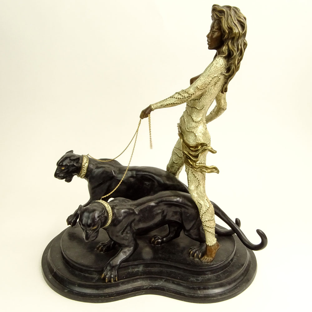 Contemporary Bronze Sculpture on Marble Base "Woman With Two Panthers" 