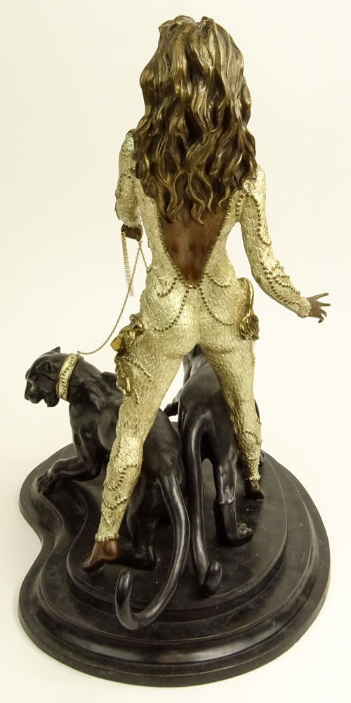 Contemporary Bronze Sculpture on Marble Base "Woman With Two Panthers" 