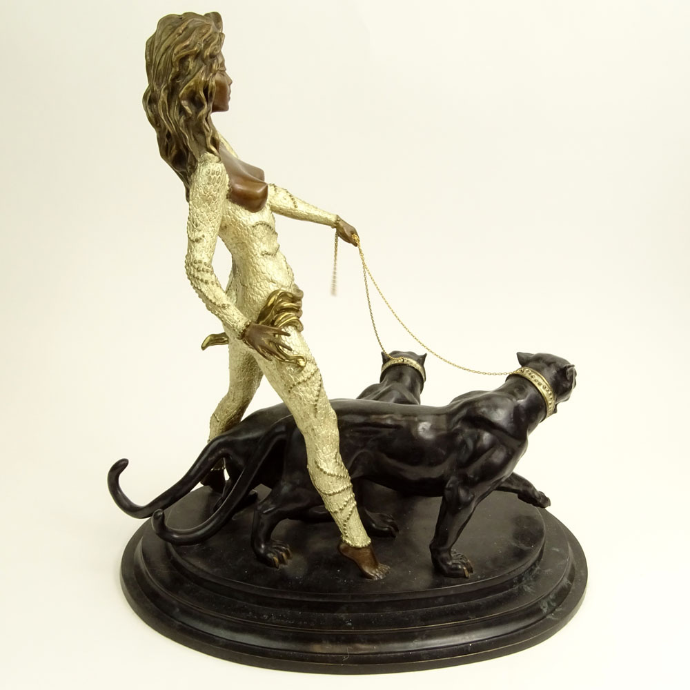 Contemporary Bronze Sculpture on Marble Base "Woman With Two Panthers" 