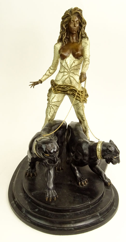 Contemporary Bronze Sculpture on Marble Base "Woman With Two Panthers" 