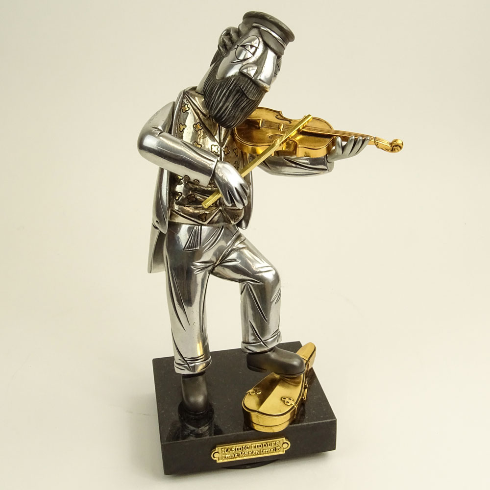 Frank Meisler, Israeli (20th C) "Hasidic Fiddler" Metal Sculpture With Moveable Head, Waist on Rotating Base. 