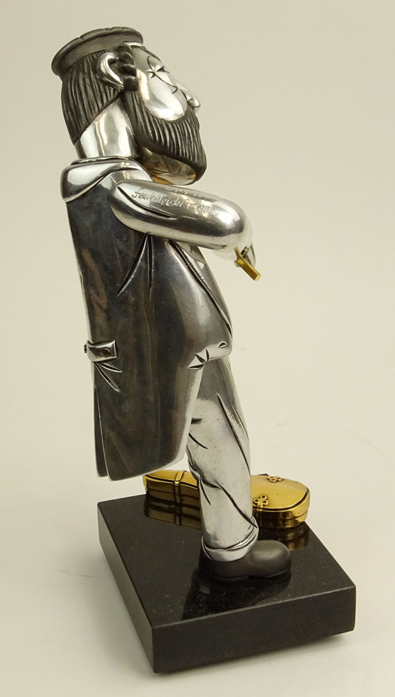 Frank Meisler, Israeli (20th C) "Hasidic Fiddler" Metal Sculpture With Moveable Head, Waist on Rotating Base. 