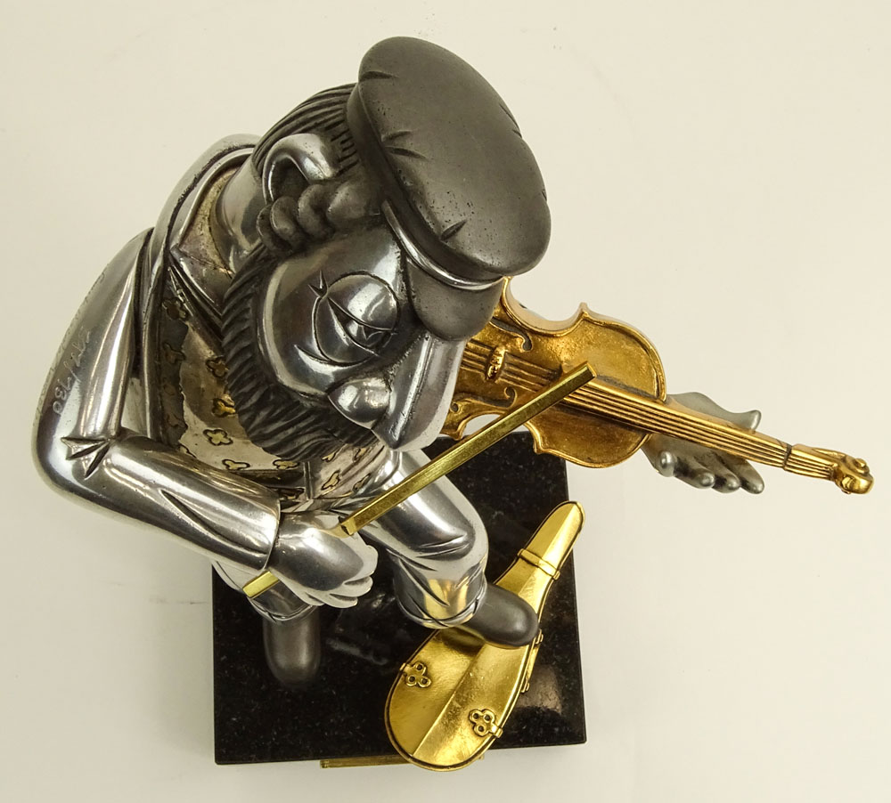 Frank Meisler, Israeli (20th C) "Hasidic Fiddler" Metal Sculpture With Moveable Head, Waist on Rotating Base. 