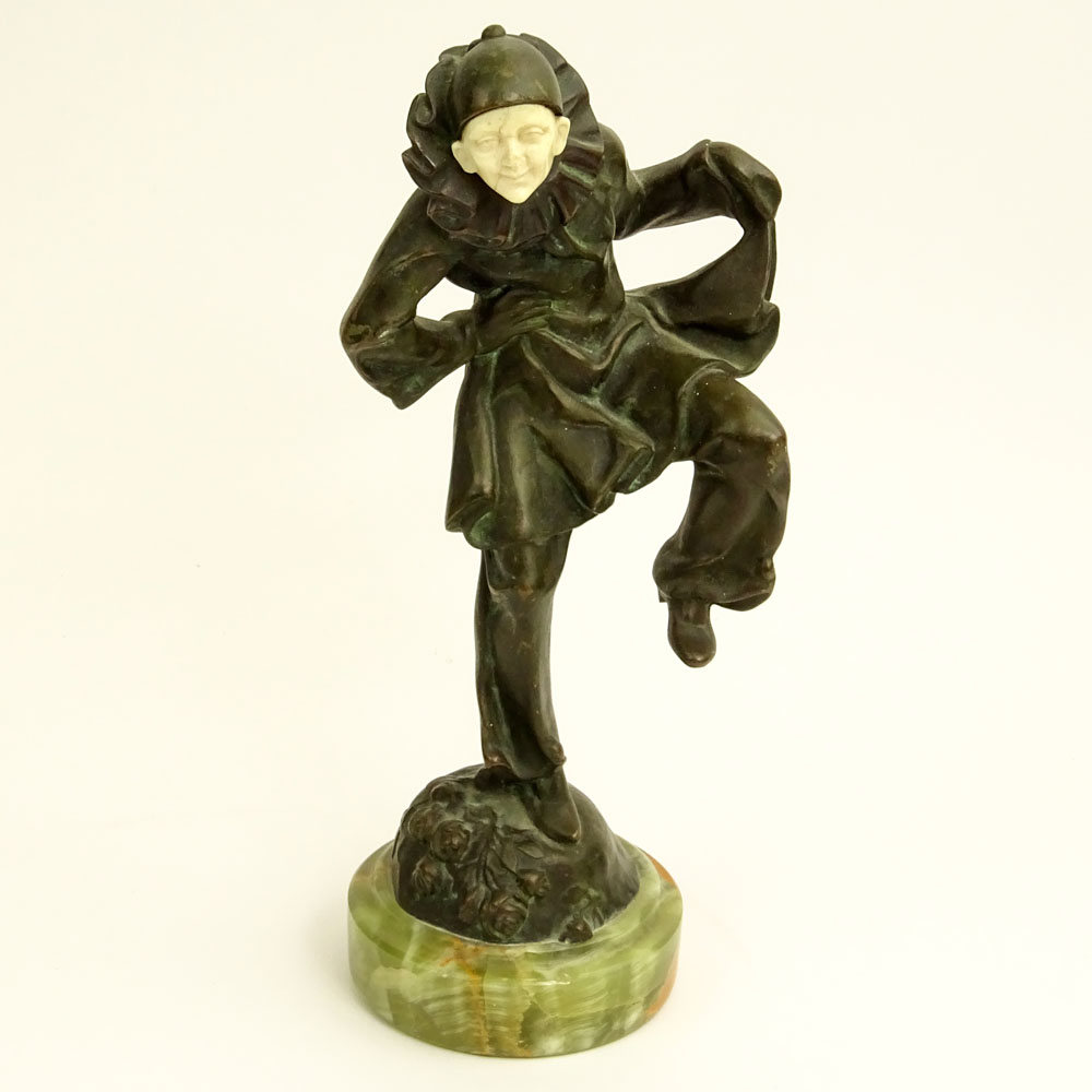 Peter Tereszczuk, Austrian (1875-1963) Art Deco Bronze and Ivory Figurine on Marble Base "Pierrot". 