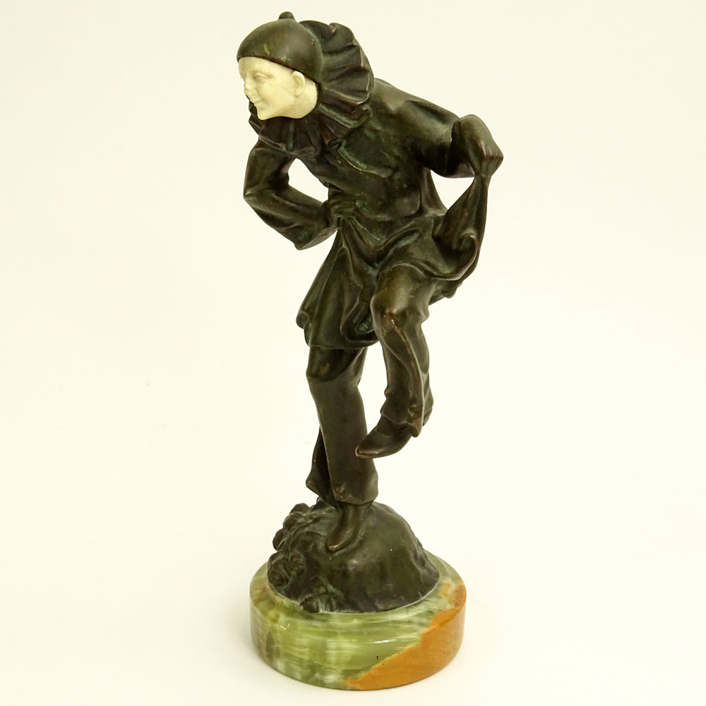 Peter Tereszczuk, Austrian (1875-1963) Art Deco Bronze and Ivory Figurine on Marble Base "Pierrot". 