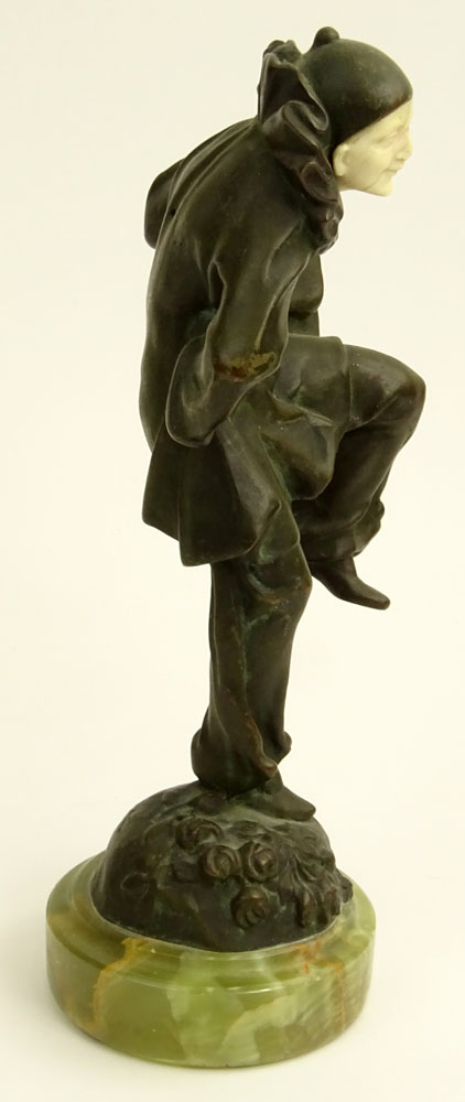 Peter Tereszczuk, Austrian (1875-1963) Art Deco Bronze and Ivory Figurine on Marble Base "Pierrot". 