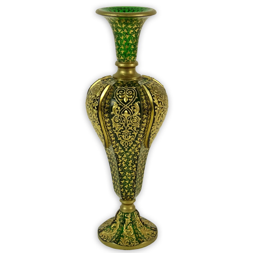 Antique Possibly Moser Gilt Decorated Emerald Glass Vase.
