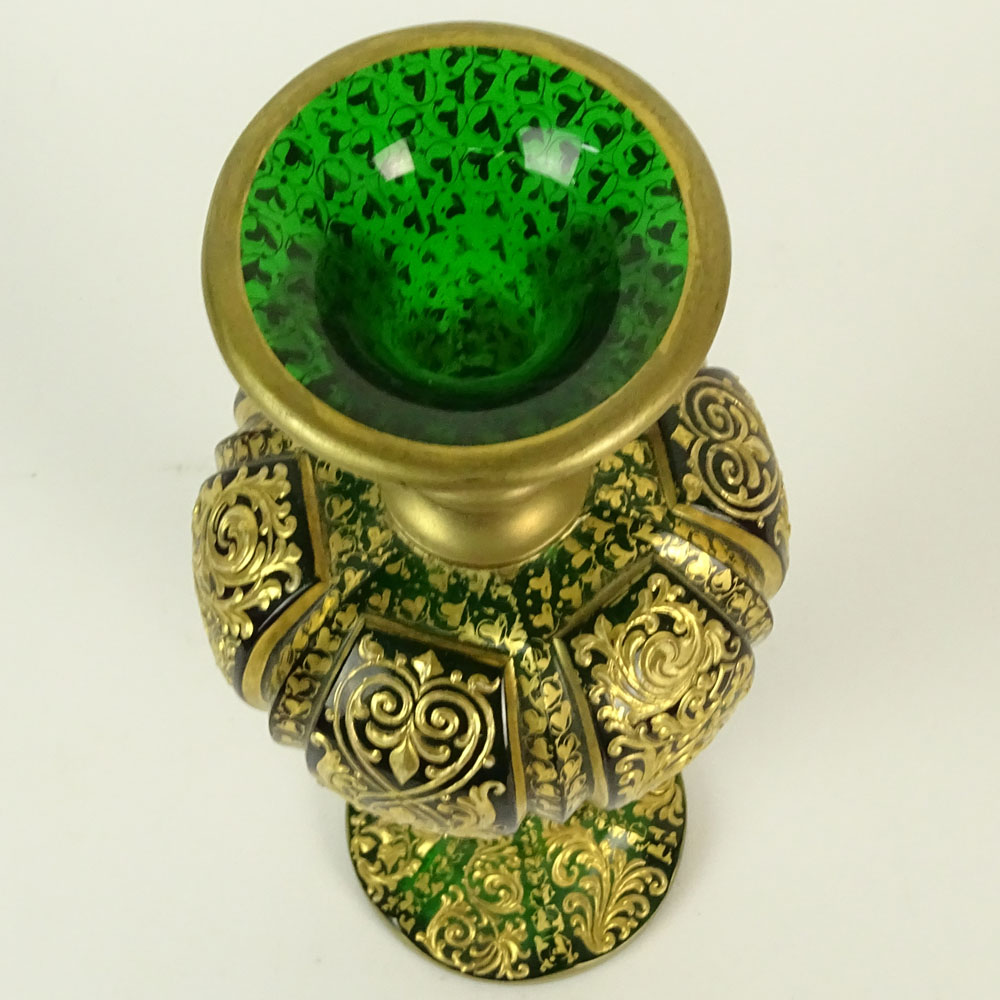 Antique Possibly Moser Gilt Decorated Emerald Glass Vase.