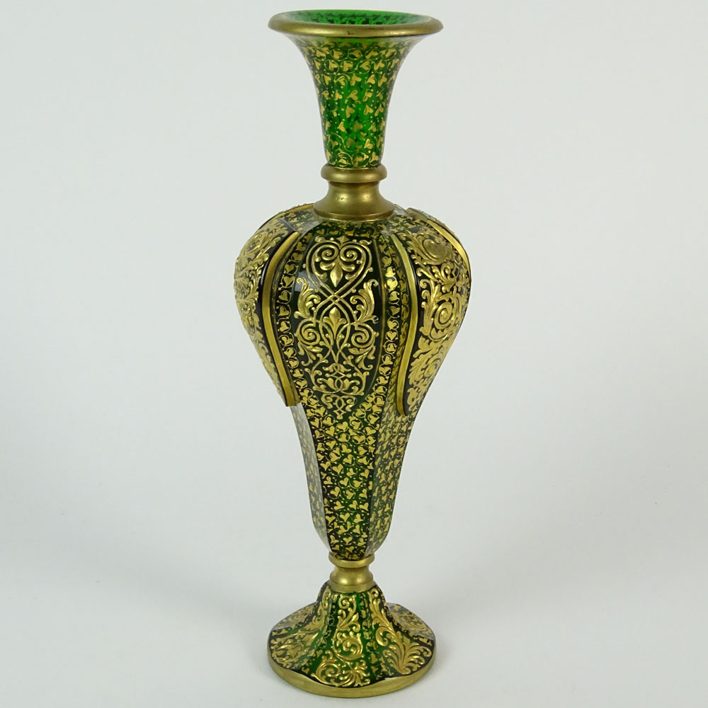 Antique Possibly Moser Gilt Decorated Emerald Glass Vase.