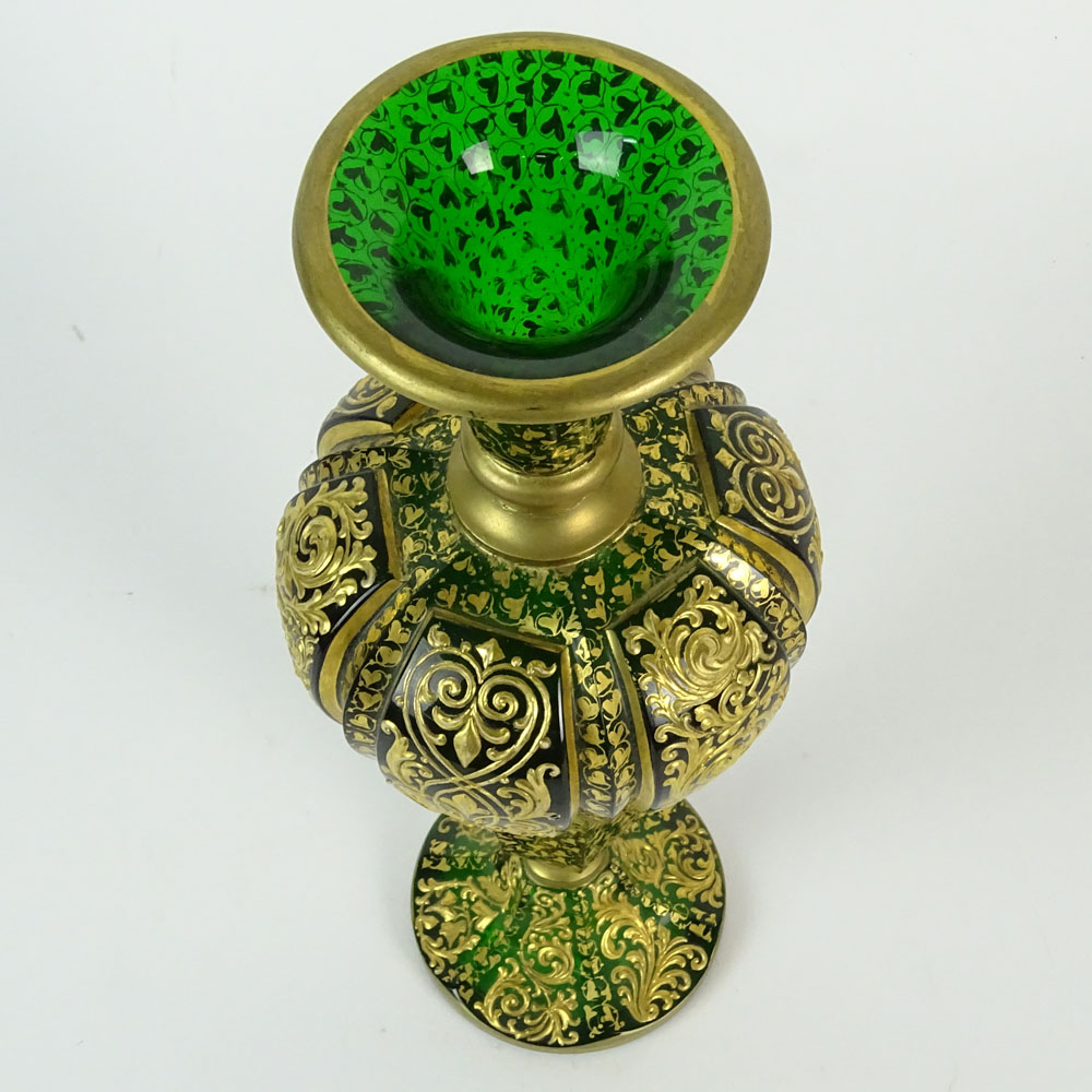 Antique Possibly Moser Gilt Decorated Emerald Glass Vase.