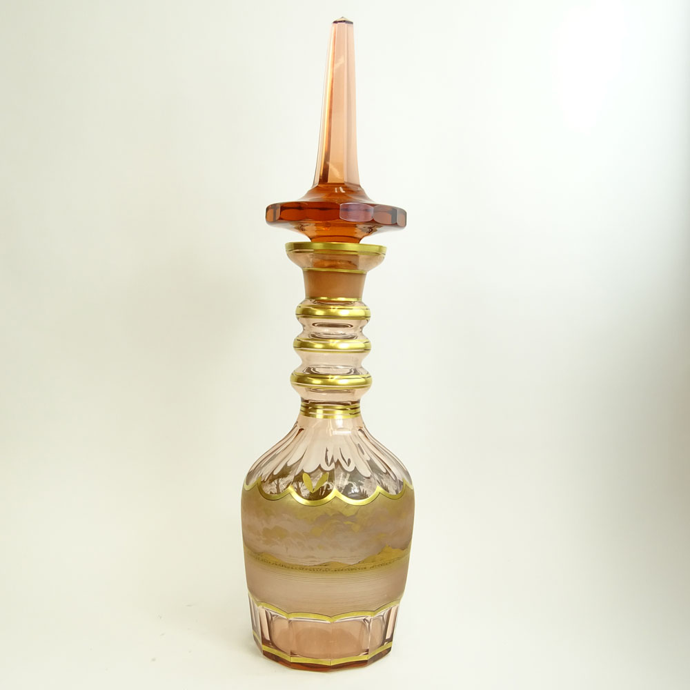 Impressive J.M. Pohl Bohemian Glass Decanter. Mouth blown amber glass.