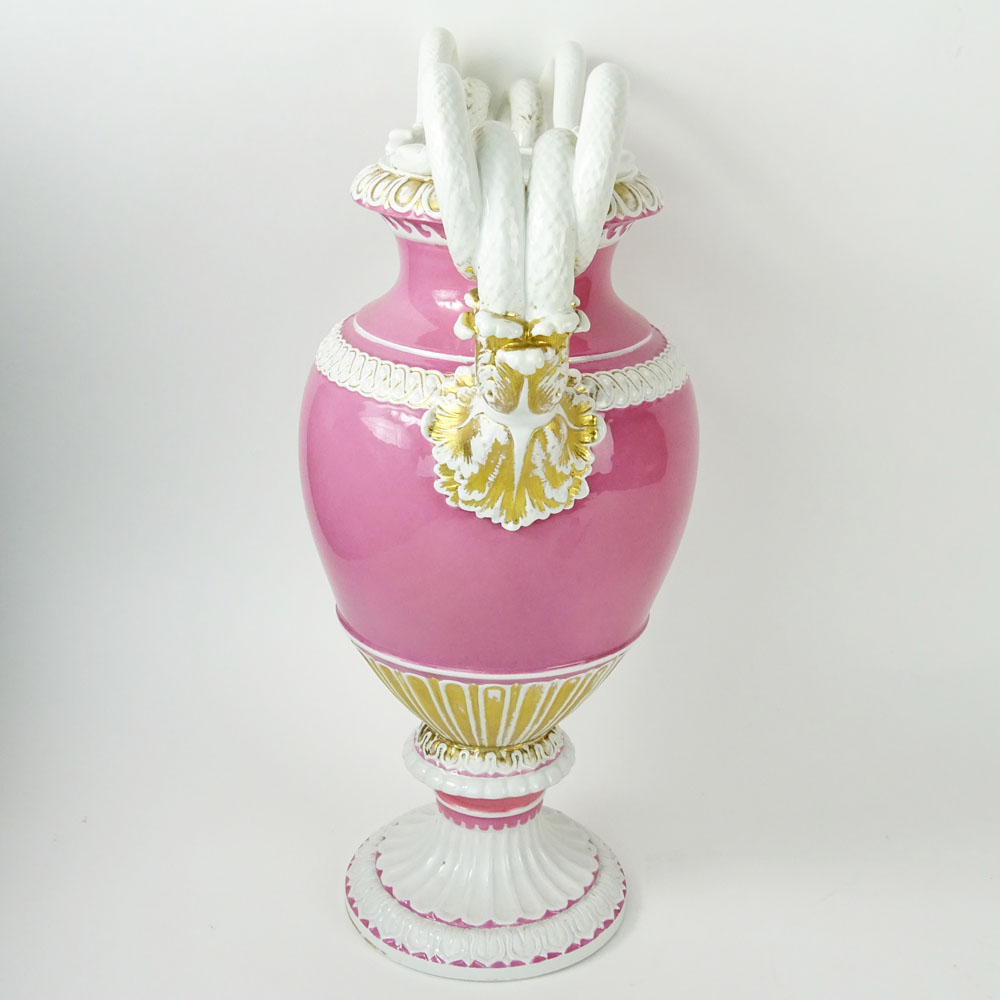 Large Meissen Snake Handle Porcelain Bolted Urn in Pink White and Parcel Gilt.