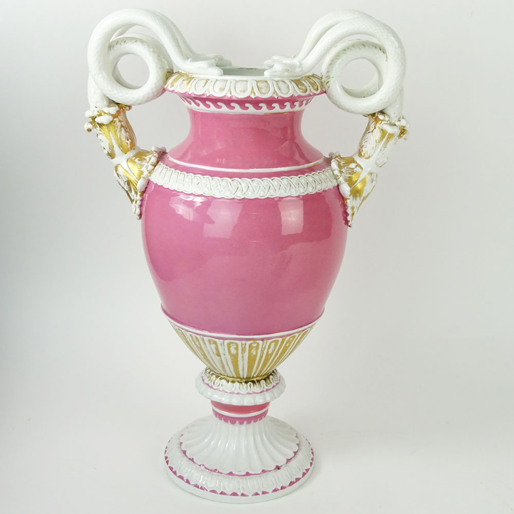 Large Meissen Snake Handle Porcelain Bolted Urn in Pink White and Parcel Gilt.
