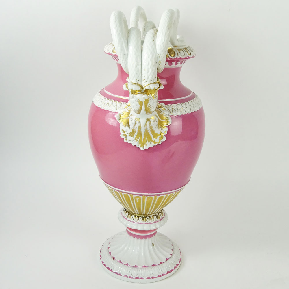 Large Meissen Snake Handle Porcelain Bolted Urn in Pink White and Parcel Gilt.