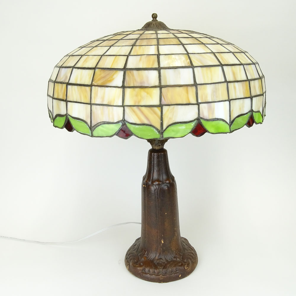 American Arts & Crafts Leaded Lamp. Pottery base.