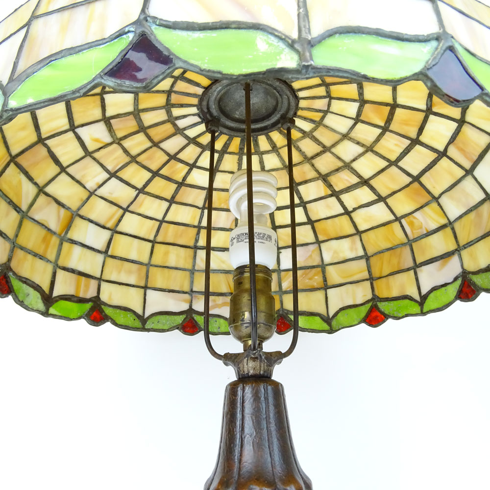 American Arts & Crafts Leaded Lamp. Pottery base.