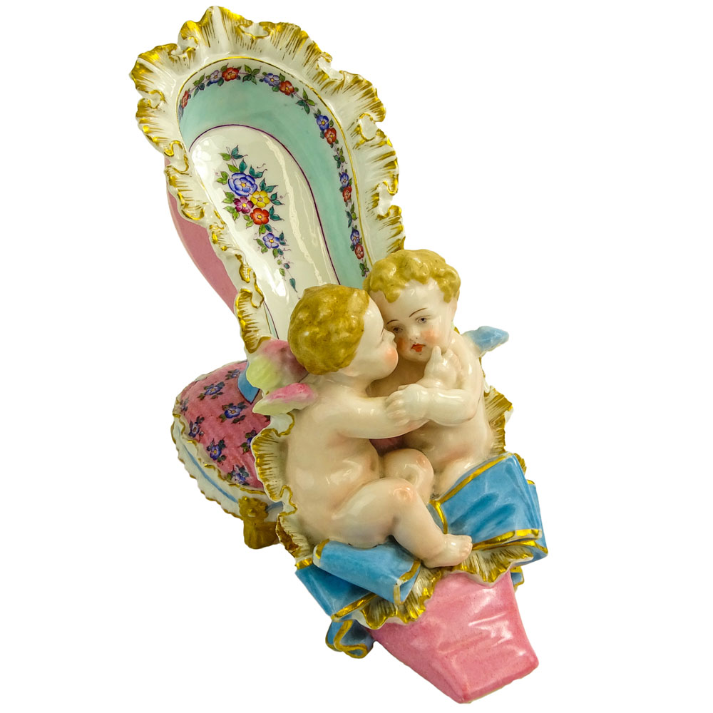 19th C Meissen Hand Painted Meissen Porcelain Shoe with Cherubs Figurine.