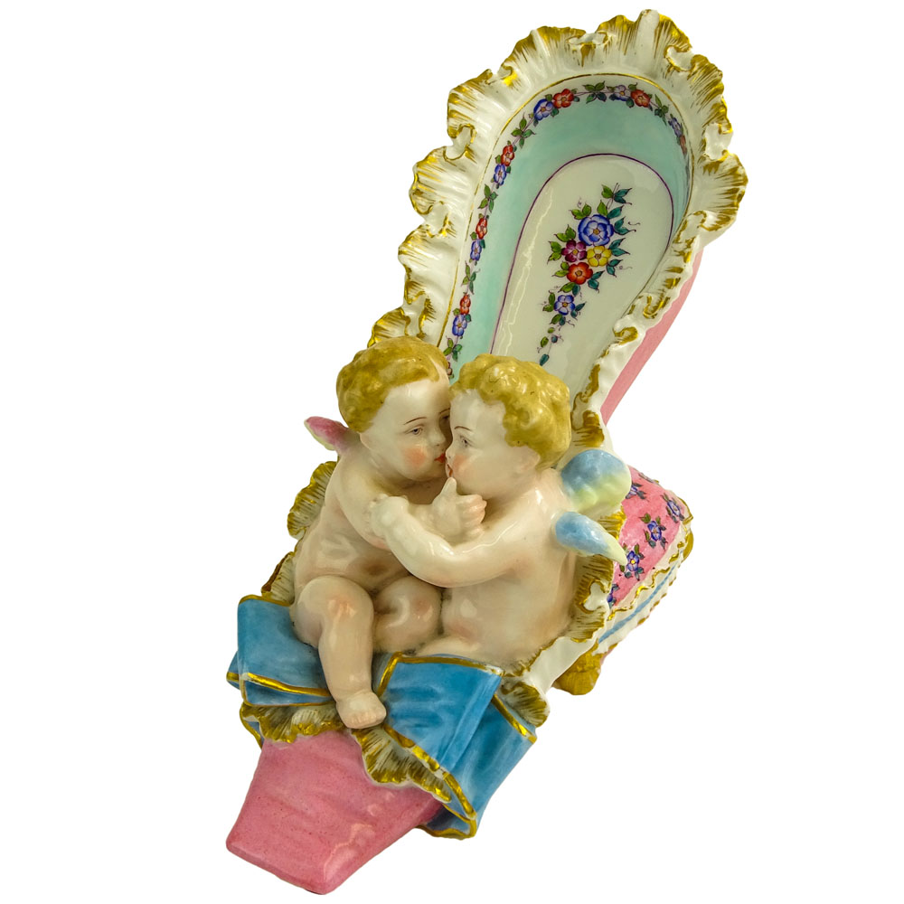 19th C Meissen Hand Painted Meissen Porcelain Shoe with Cherubs Figurine.