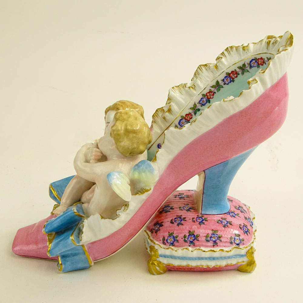 19th C Meissen Hand Painted Meissen Porcelain Shoe with Cherubs Figurine.