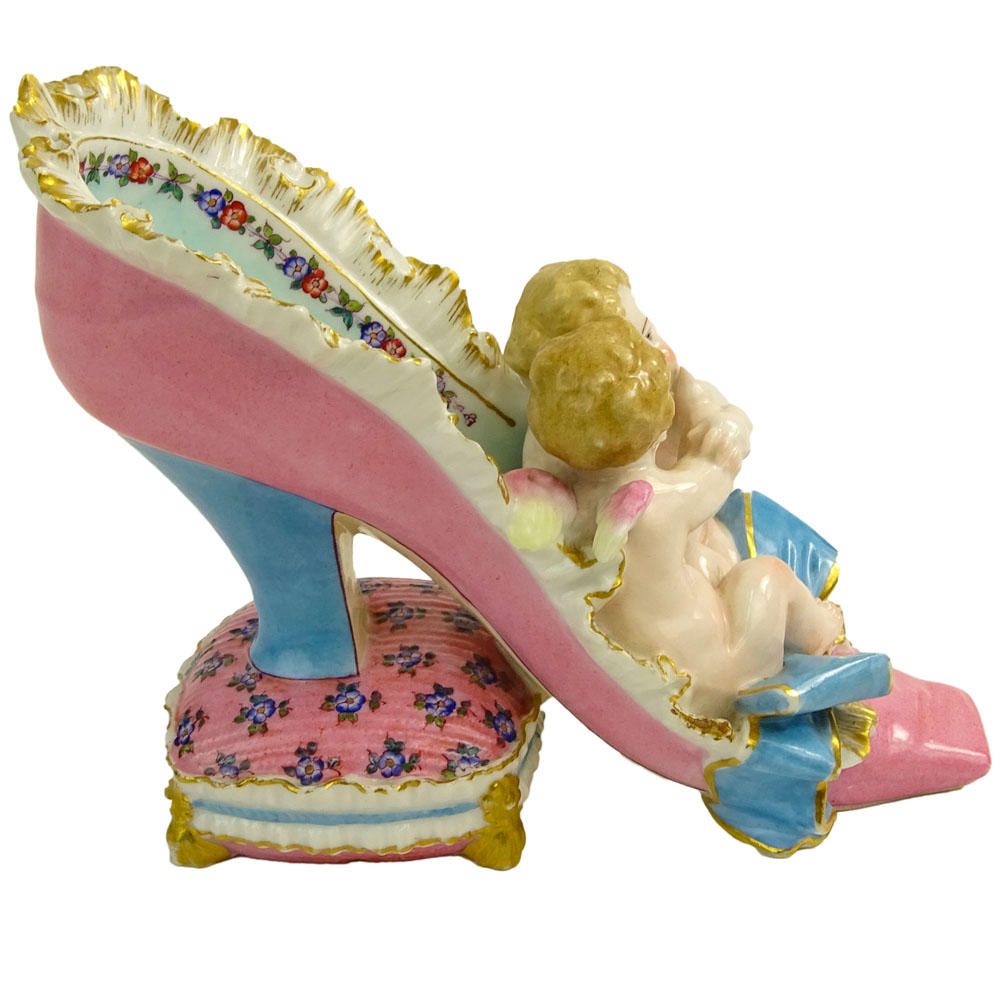 19th C Meissen Hand Painted Meissen Porcelain Shoe with Cherubs Figurine.