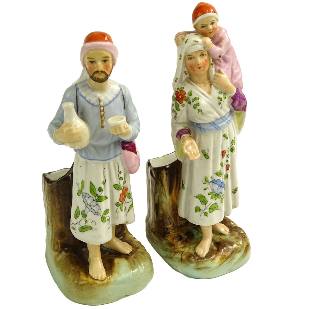 Pair of Vintage Turkish Hand Painted Porcelain Figural Vases. Man and woman with child.