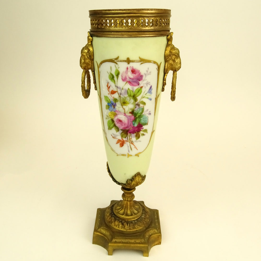 Antique Sevres Bronze Mounted Hand Painted Porcelain Urn.