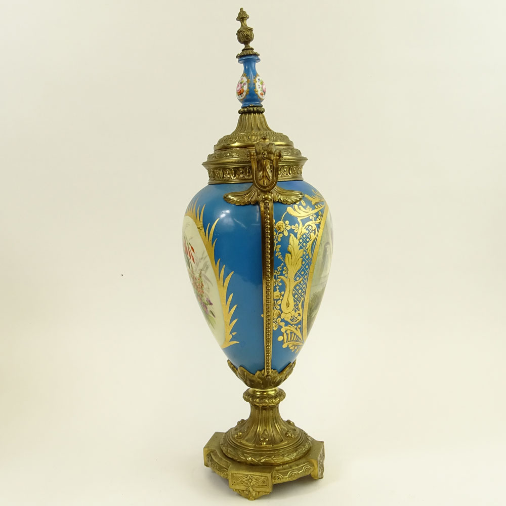 Antique Bronze Mounted Miniature Hand Painted Bleu Celeste Sevres Porcelain Urn.