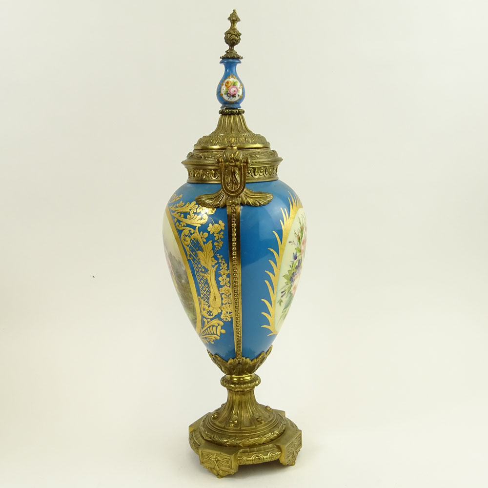 Antique Bronze Mounted Miniature Hand Painted Bleu Celeste Sevres Porcelain Urn.