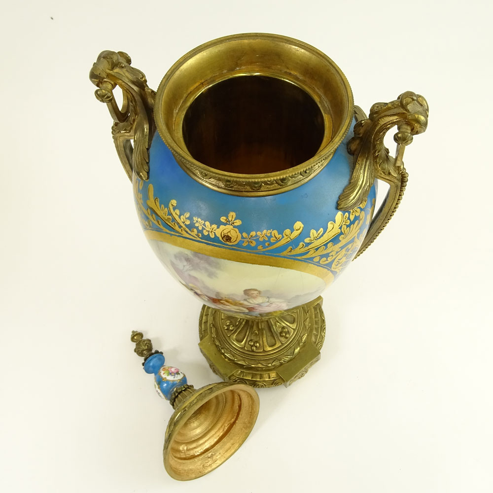 Antique Bronze Mounted Miniature Hand Painted Bleu Celeste Sevres Porcelain Urn.