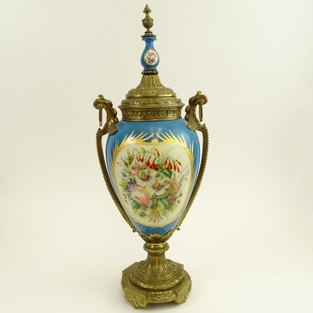 Antique Bronze Mounted Miniature Hand Painted Bleu Celeste Sevres Porcelain Urn.