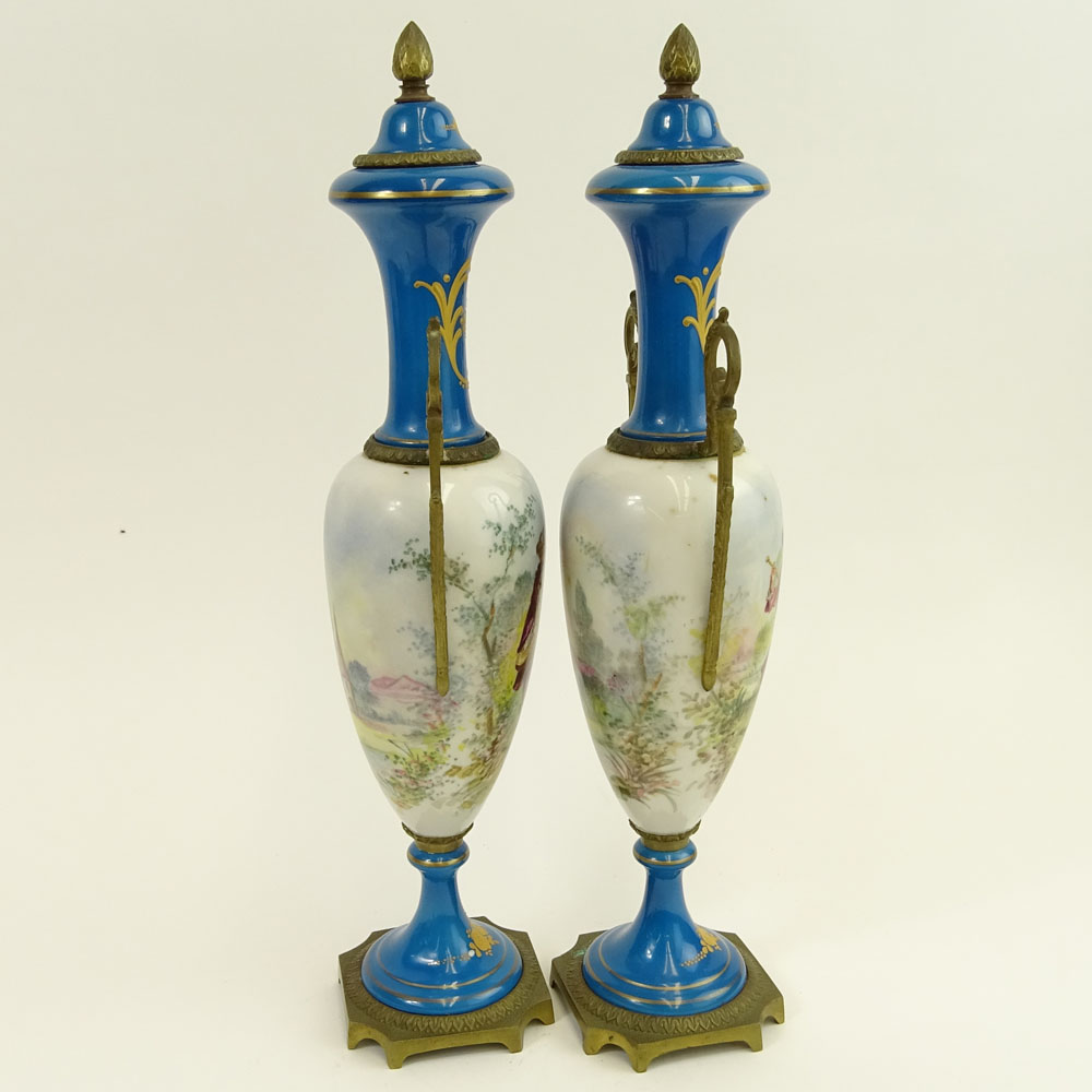 Pair Antique Bronze Mounted Miniature Hand Painted Bleu Celeste Sevres Porcelain Urns.