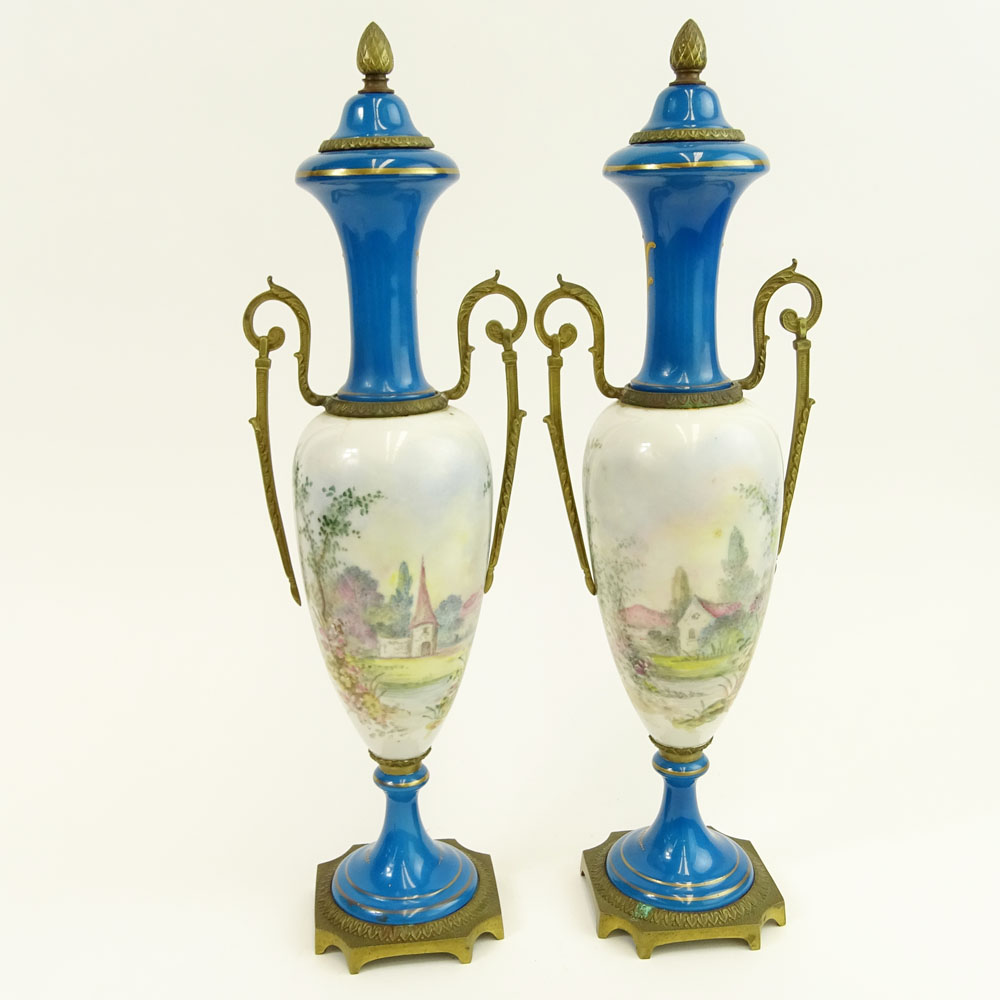 Pair Antique Bronze Mounted Miniature Hand Painted Bleu Celeste Sevres Porcelain Urns.