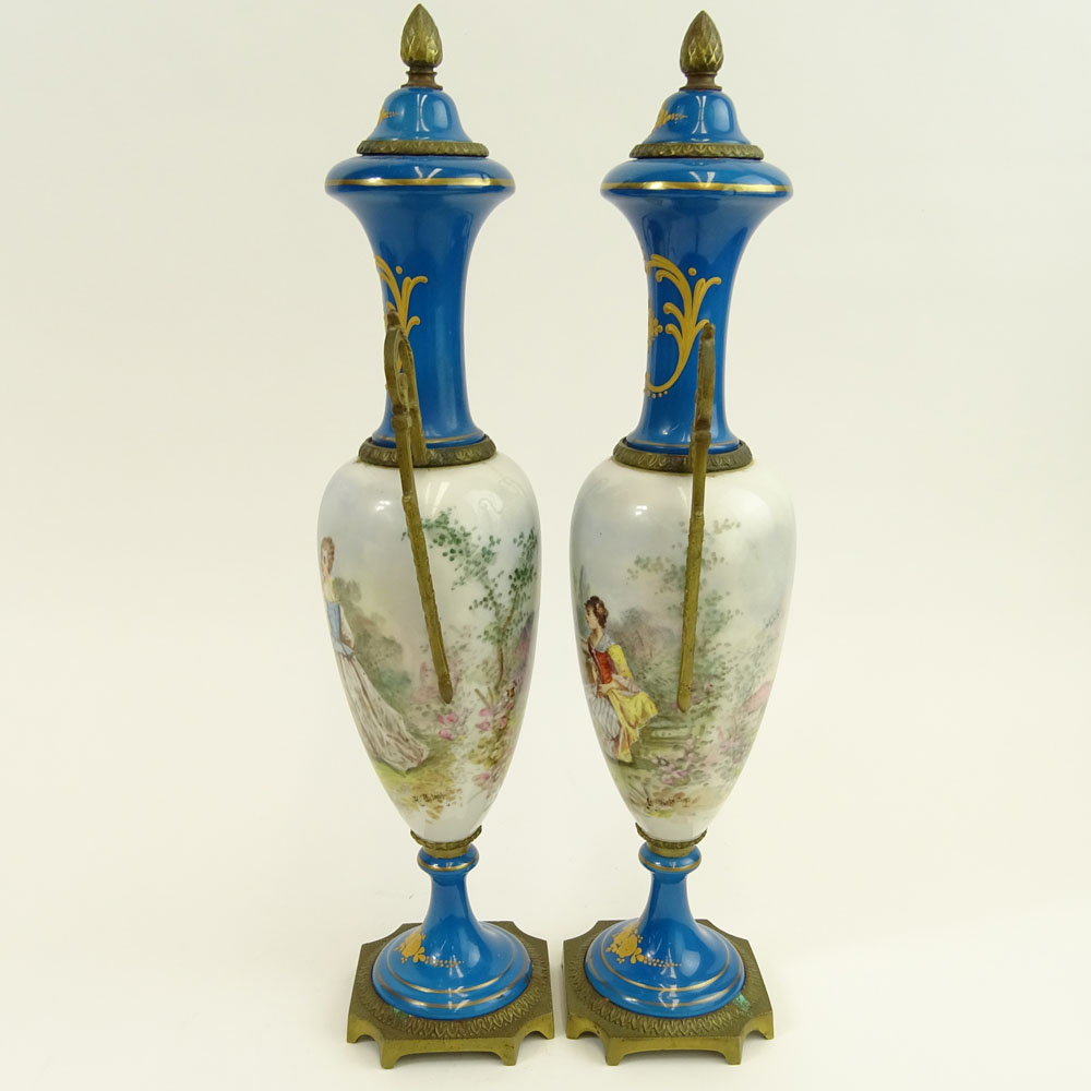 Pair Antique Bronze Mounted Miniature Hand Painted Bleu Celeste Sevres Porcelain Urns.