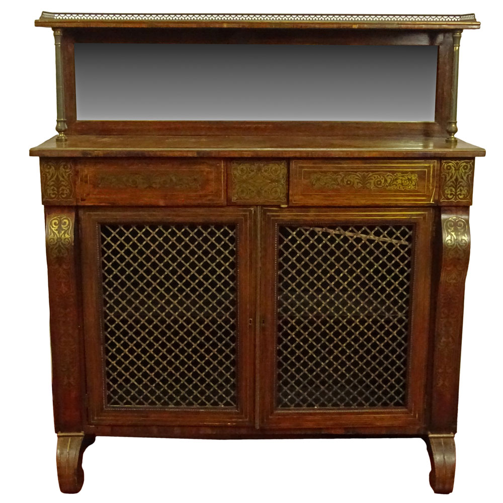 Early 19th Century English Regency Rosewood and Brass Inlaid Chiffonier.