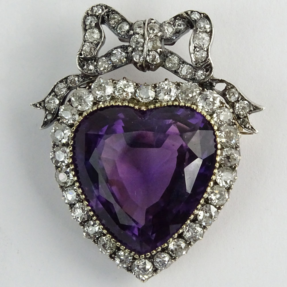 Antique Victorian Heart Shape Amethyst &  Diamond, 14 Karat Yellow Gold and Sterling Silver Heart Pendant Brooch.