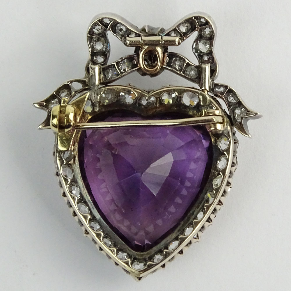 Antique Victorian Heart Shape Amethyst &  Diamond, 14 Karat Yellow Gold and Sterling Silver Heart Pendant Brooch.