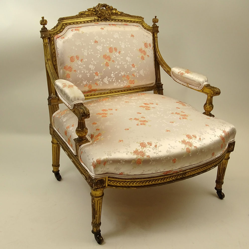 Louis XVl Style Giltwood and Upholstered Slipper Chair. Castor feet.