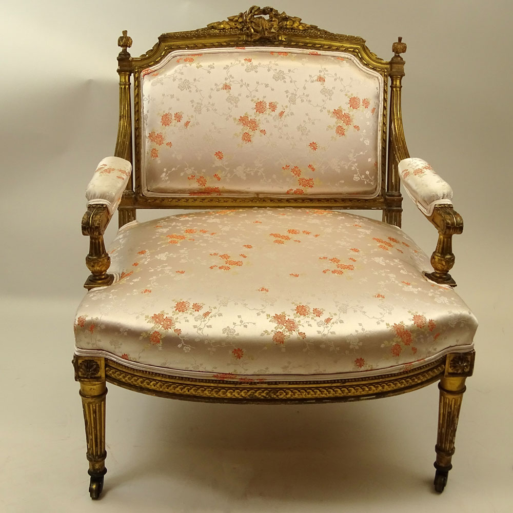 Louis XVl Style Giltwood and Upholstered Slipper Chair. Castor feet.