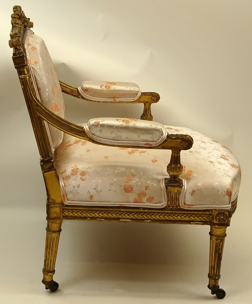 Louis XVl Style Giltwood and Upholstered Slipper Chair. Castor feet.