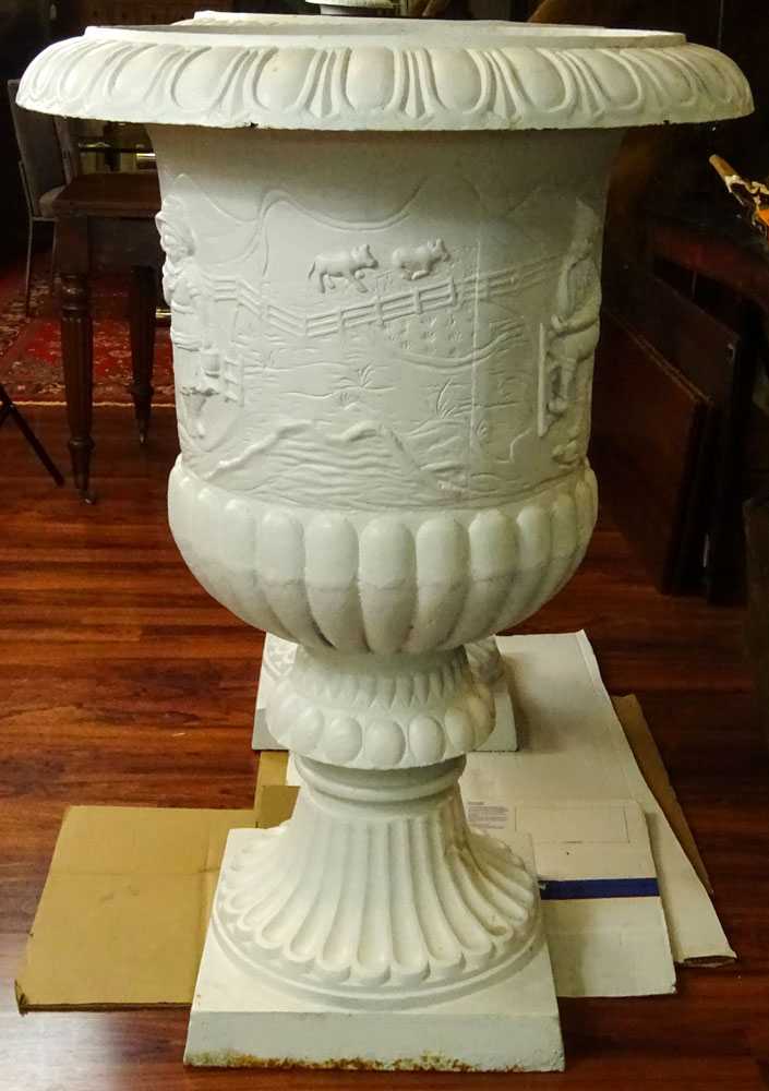 Pair of Monumental Early to Mid 20th Century Cast Iron Garden Urns.