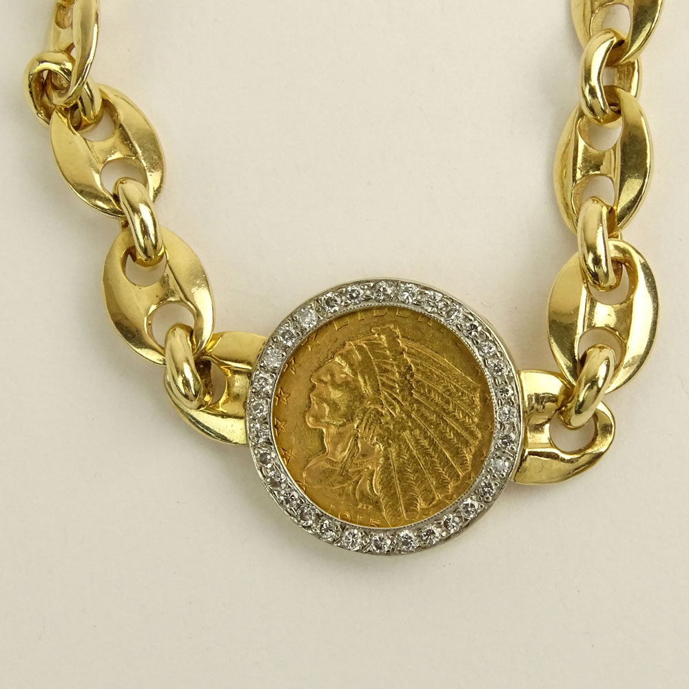 Vintage 14 Karat Yellow Gold Bracelet with Diamond Bezel Set 1915 $2.5 Indian Head Gold Coin.